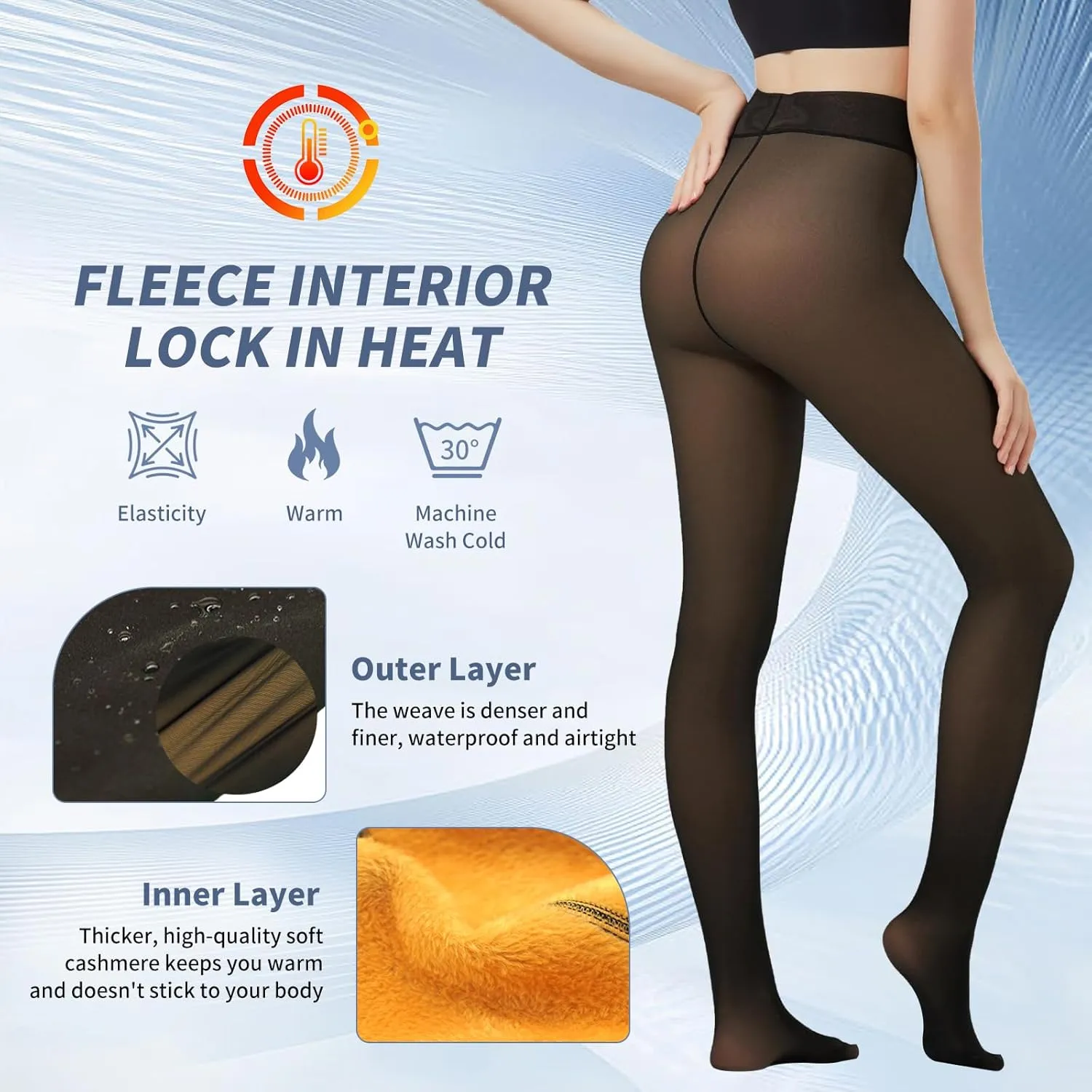 2 Pairs Women Fleece Lined Tights - Invisible Crotch Warm Fake Translucent High Waist Women Thermal Tights for Winter