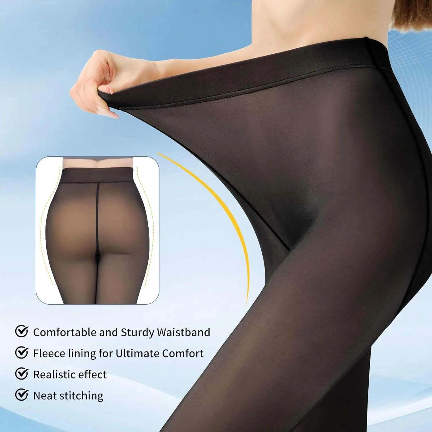 2 Pairs Women Fleece Lined Tights - Invisible Crotch Warm Fake Translucent High Waist Women Thermal Tights for Winter