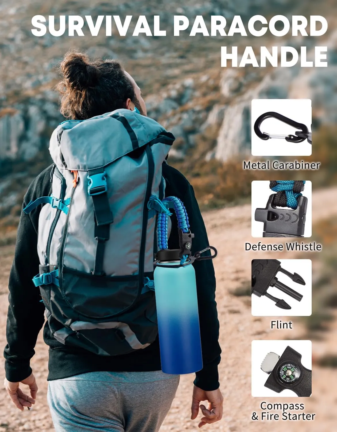 40oz Insualted Water Bottle Leak Proof Stainless Steel Flask Water Bottles with Straw Flex Lid, Survival Paracord, Shoulder Carrier Bag, Metal Hydro Water Flask Mug Sports Hiking Cycling Work