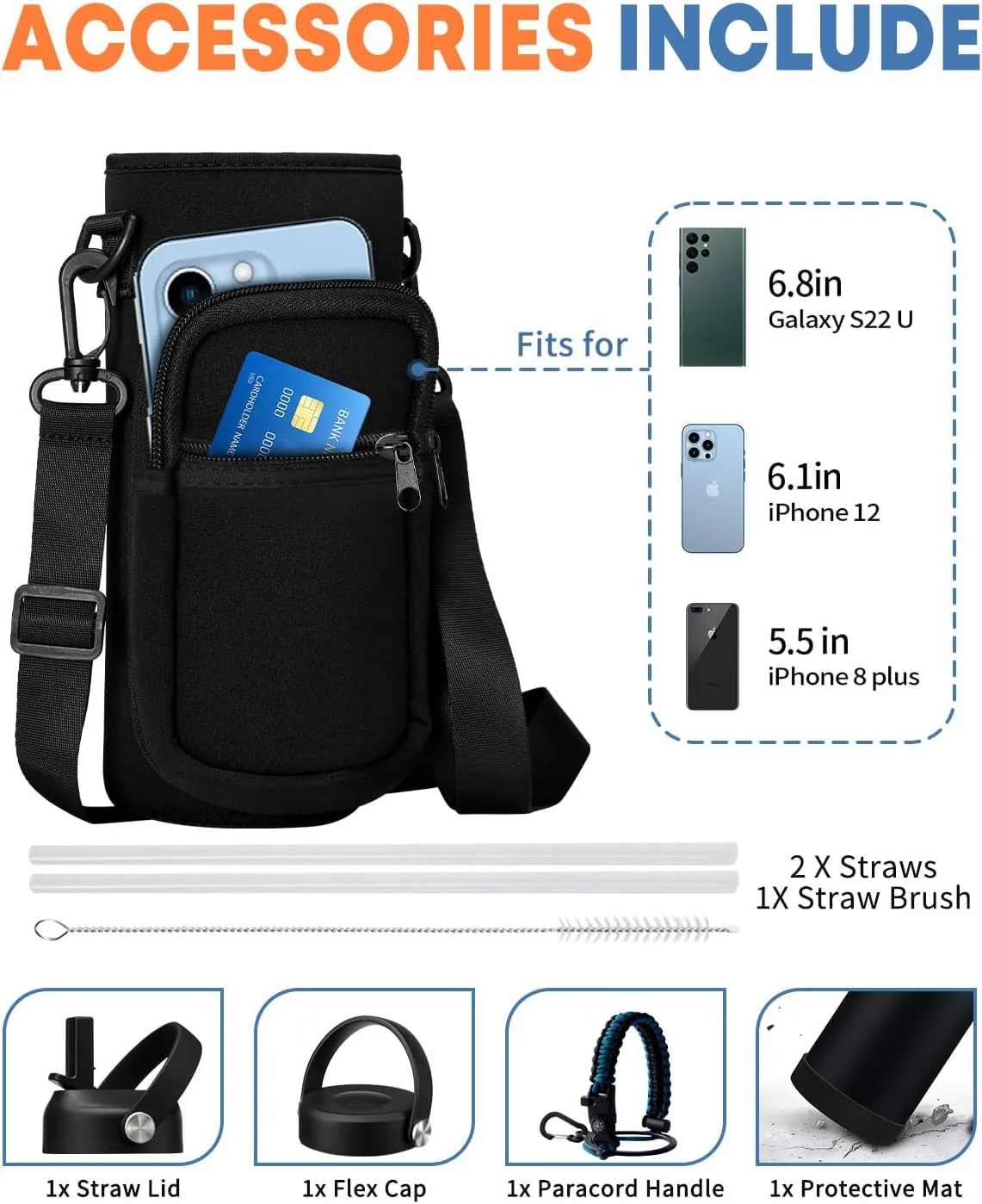 40oz Insualted Water Bottle Leak Proof Stainless Steel Flask Water Bottles with Straw Flex Lid, Survival Paracord, Shoulder Carrier Bag, Metal Hydro Water Flask Mug Sports Hiking Cycling Work