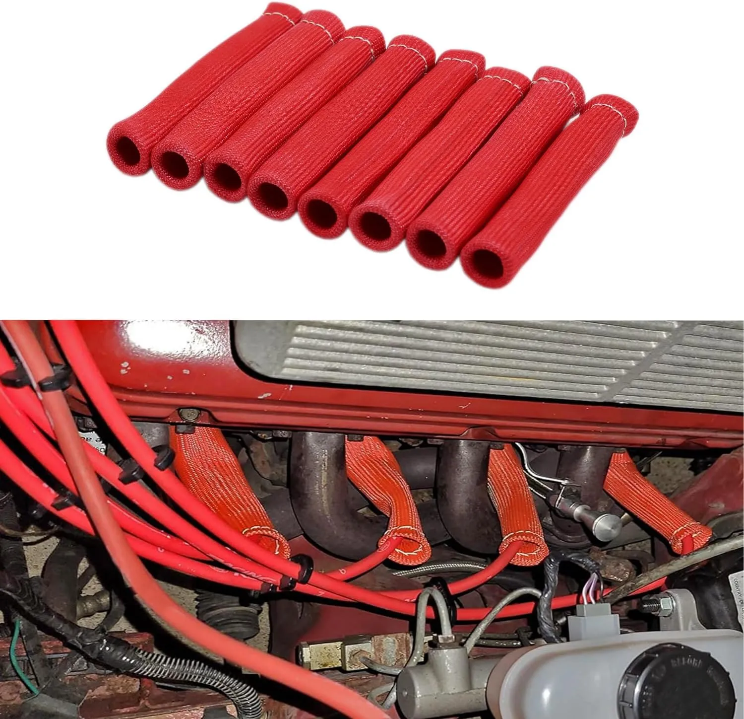 8Pcs 2500° Degree Spark Plug Wire Boots Heat Shield Protector Sleeve Cover Compatible with SBC BBC 350 454,6 Inch, Red