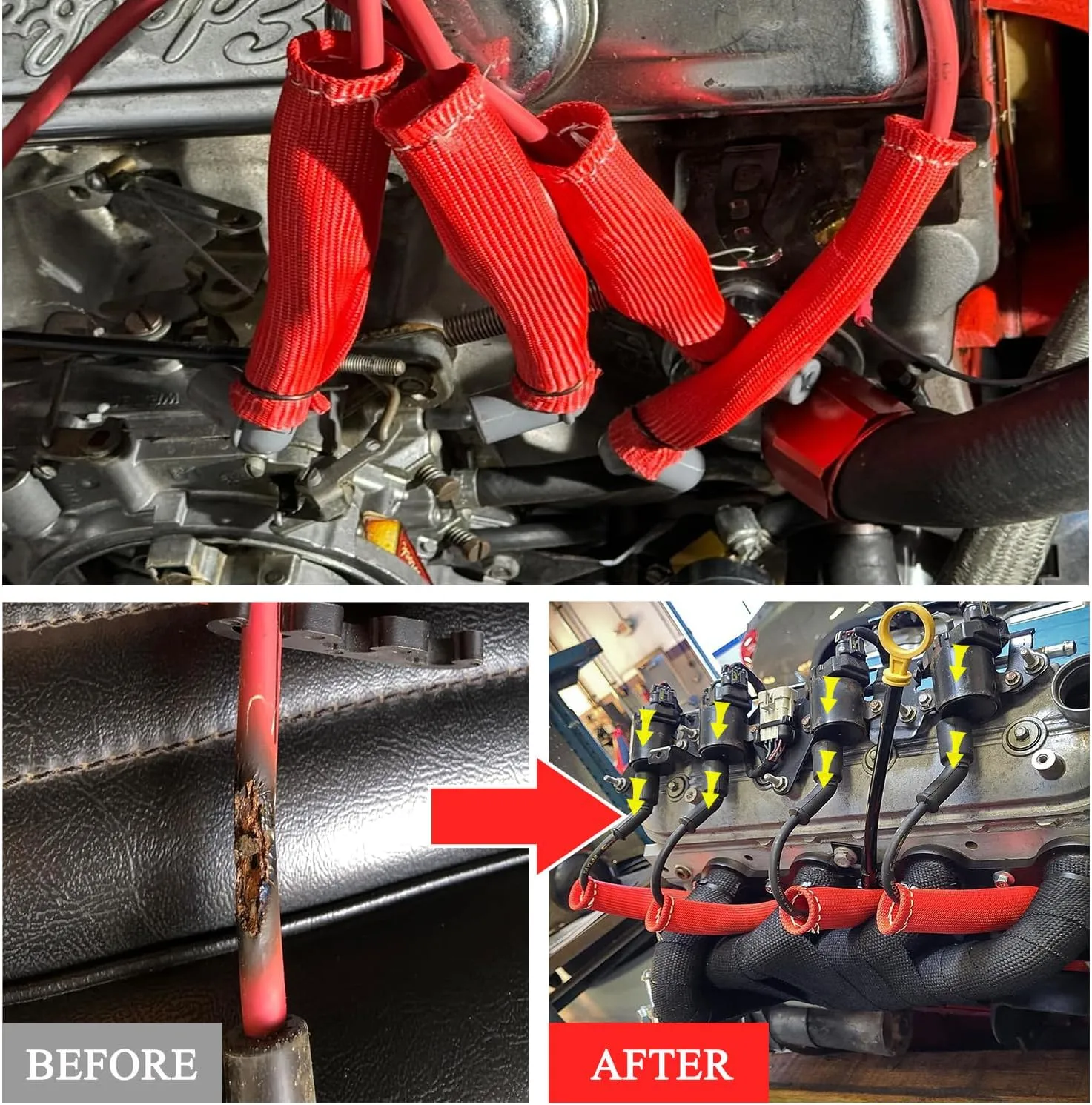 8Pcs 2500° Degree Spark Plug Wire Boots Heat Shield Protector Sleeve Cover Compatible with SBC BBC 350 454,6 Inch, Red
