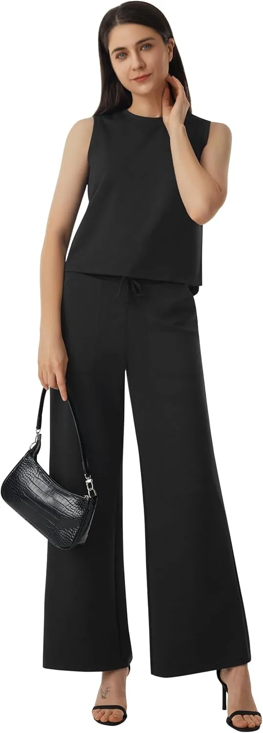 AFITNE Women's 2 Piece Outfits Air Essentials Sleeveless Tank Crop Top Wide Leg Sweatpants Lounge Set 2025 Tracksuit
