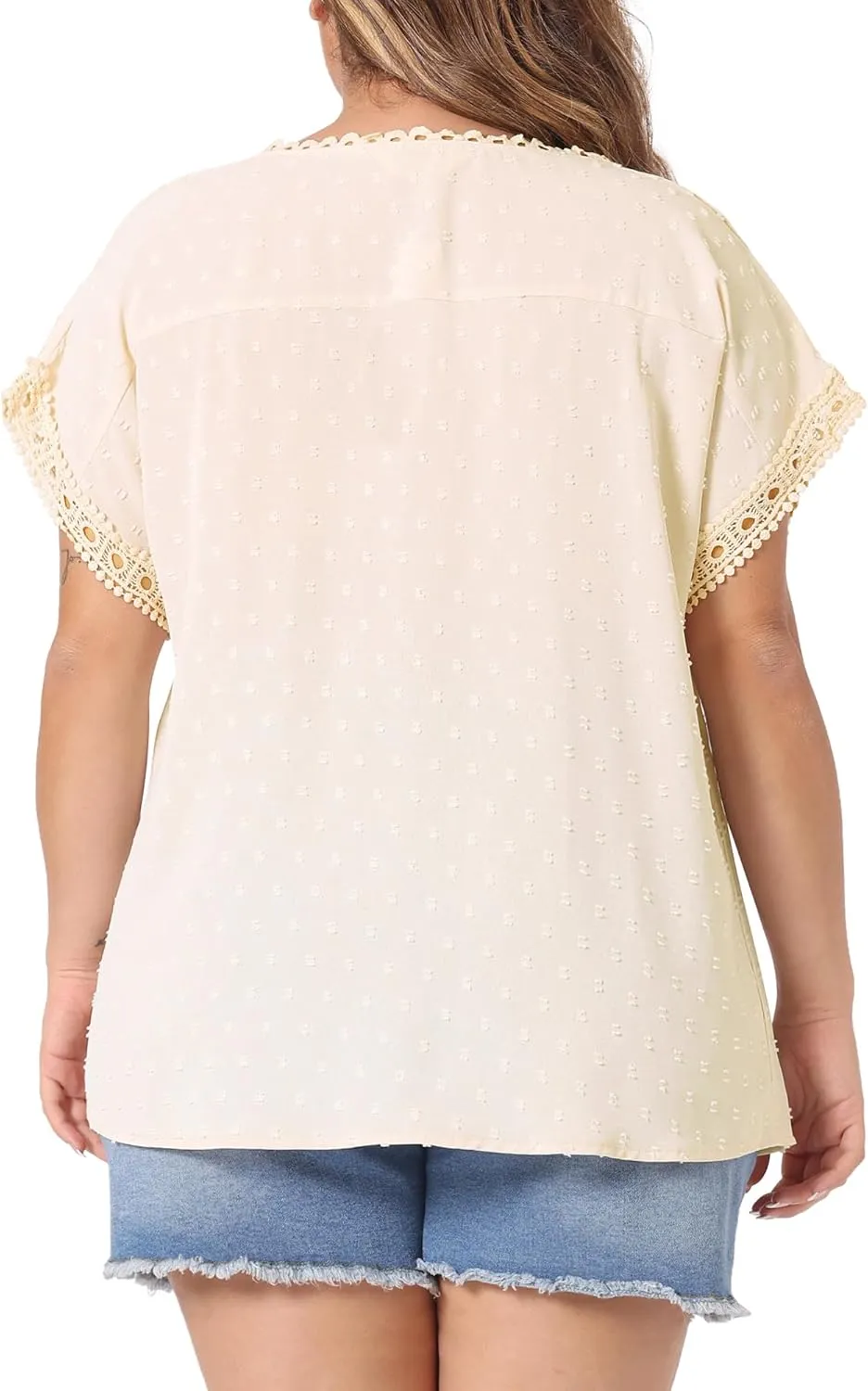 Agnes Orinda Plus Size Tops for Women Swiss Dots Crew Neck Lace Crochet Short Sleeve Shirts Casual Chiffon Blouses