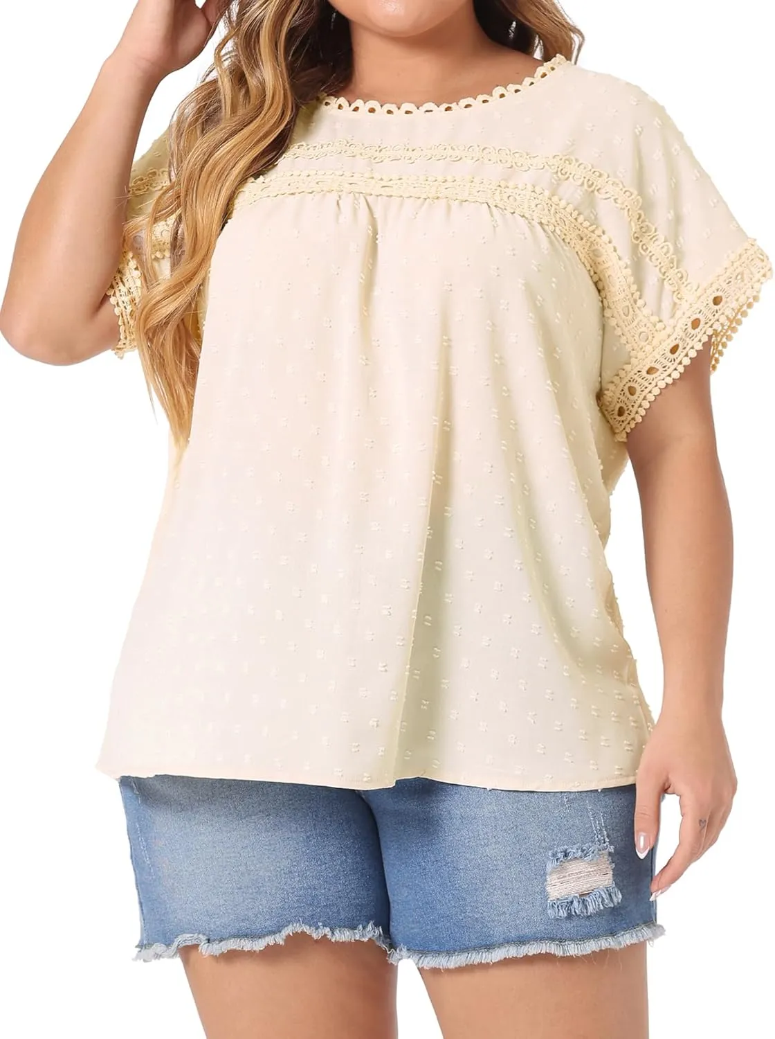 Agnes Orinda Plus Size Tops for Women Swiss Dots Crew Neck Lace Crochet Short Sleeve Shirts Casual Chiffon Blouses