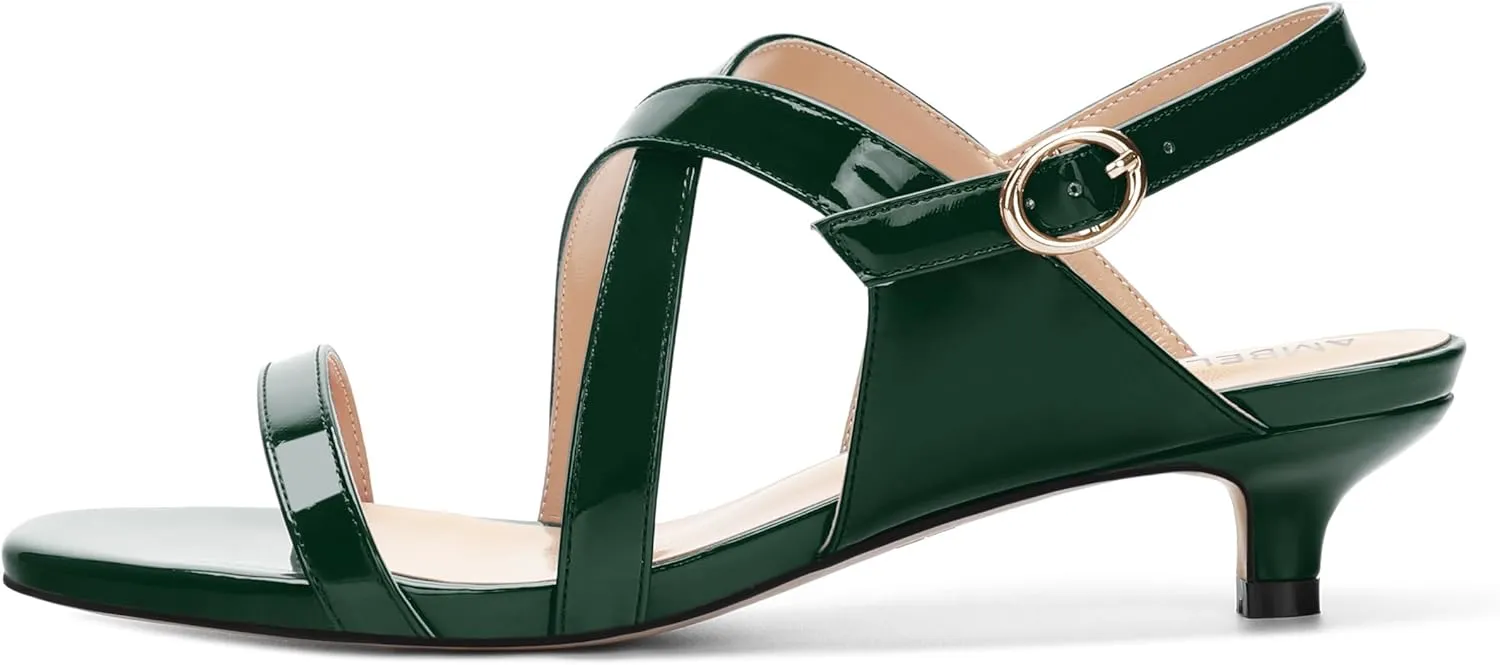 AMBELIGHT Womens Round Toe Cute Patent Open Slingback Party Buckle Kitten Low Heel Heeled Sandals 1.5 Inch