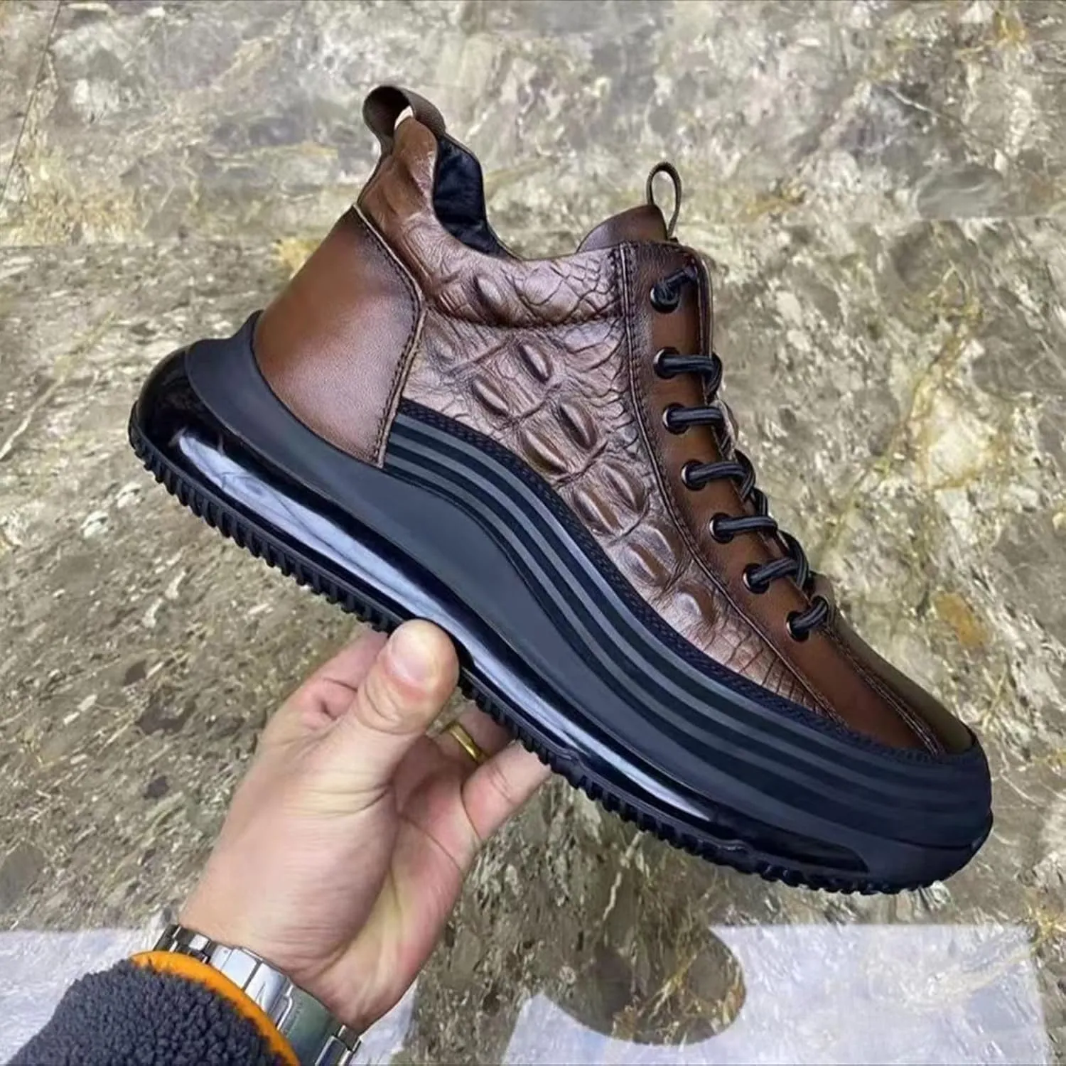 AngryMonkey Mens Elastic Laces High-Top Sneaker Autumn & Winter 2022 New Thermal Invisible Platform Height Increasing Elevator Shoes-2In