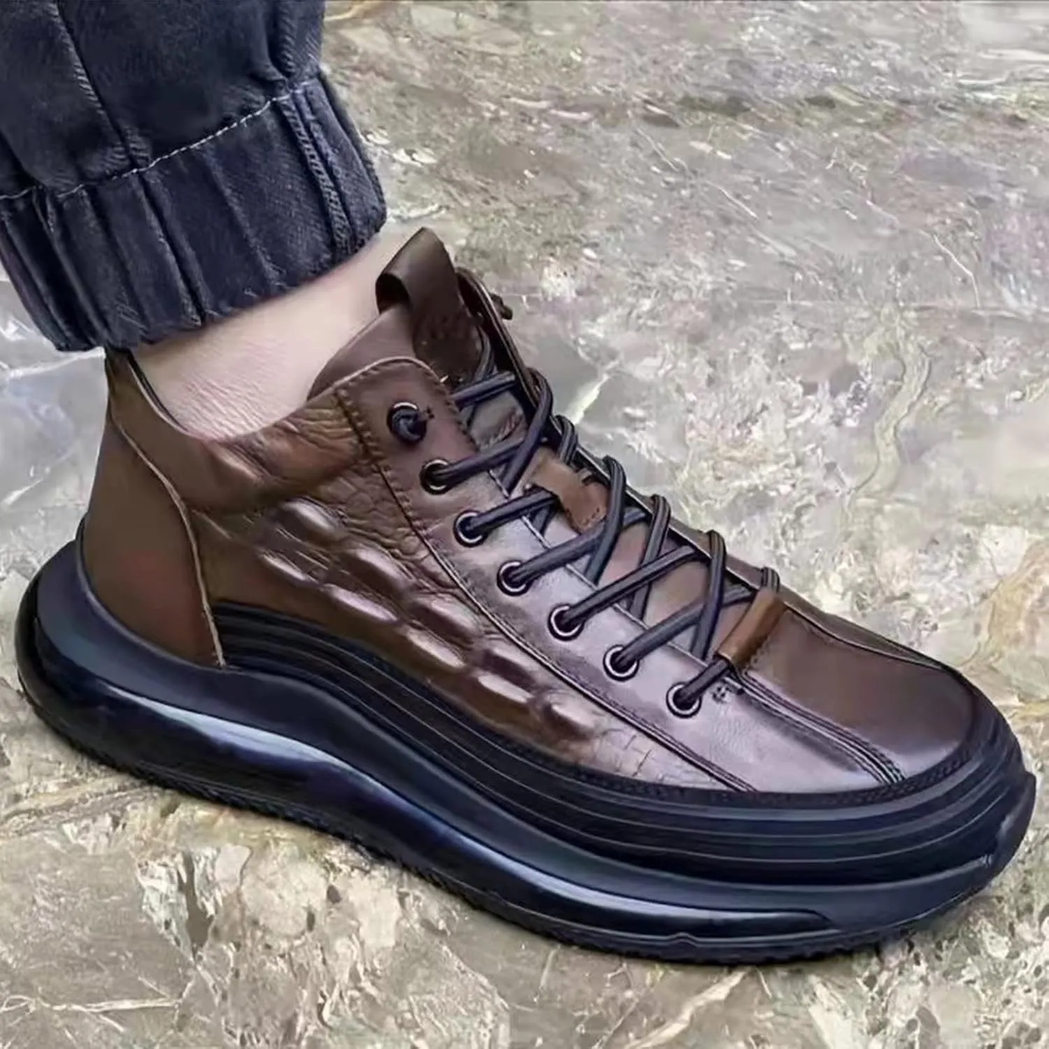 AngryMonkey Mens Elastic Laces High-Top Sneaker Autumn & Winter 2022 New Thermal Invisible Platform Height Increasing Elevator Shoes-2In