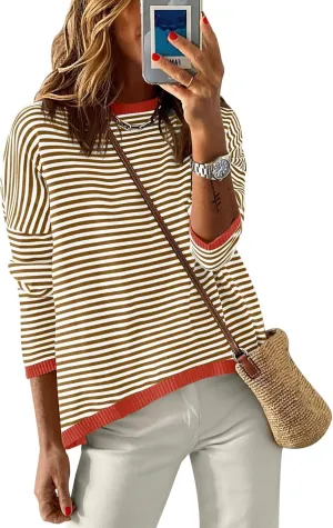 ANRABESS Womens Sweaters Striped Color Block Long Sleeve Crewneck Casual Loose Knitted Pullover Shirts 2025 Fall Trendy Tops