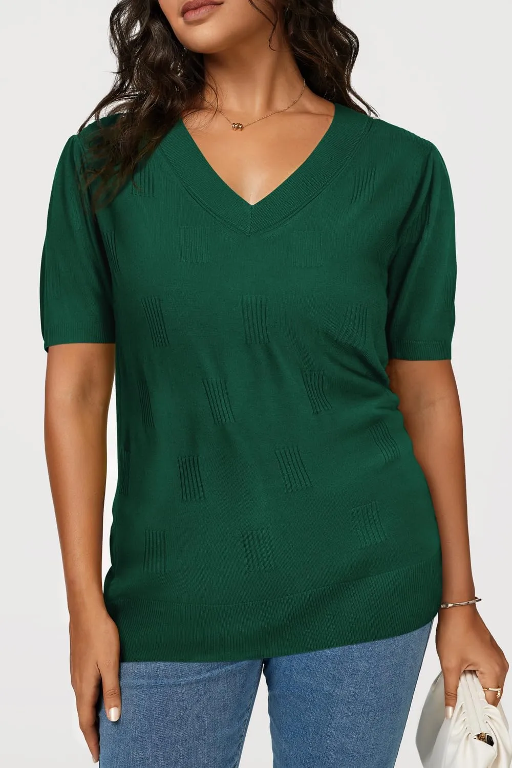 Arach&Cloz Women's Tops 2025 Spring Summer Short Sleeve Sweater Fashion Trendy Dressy Casual Outfit Versatile Knit Blouse