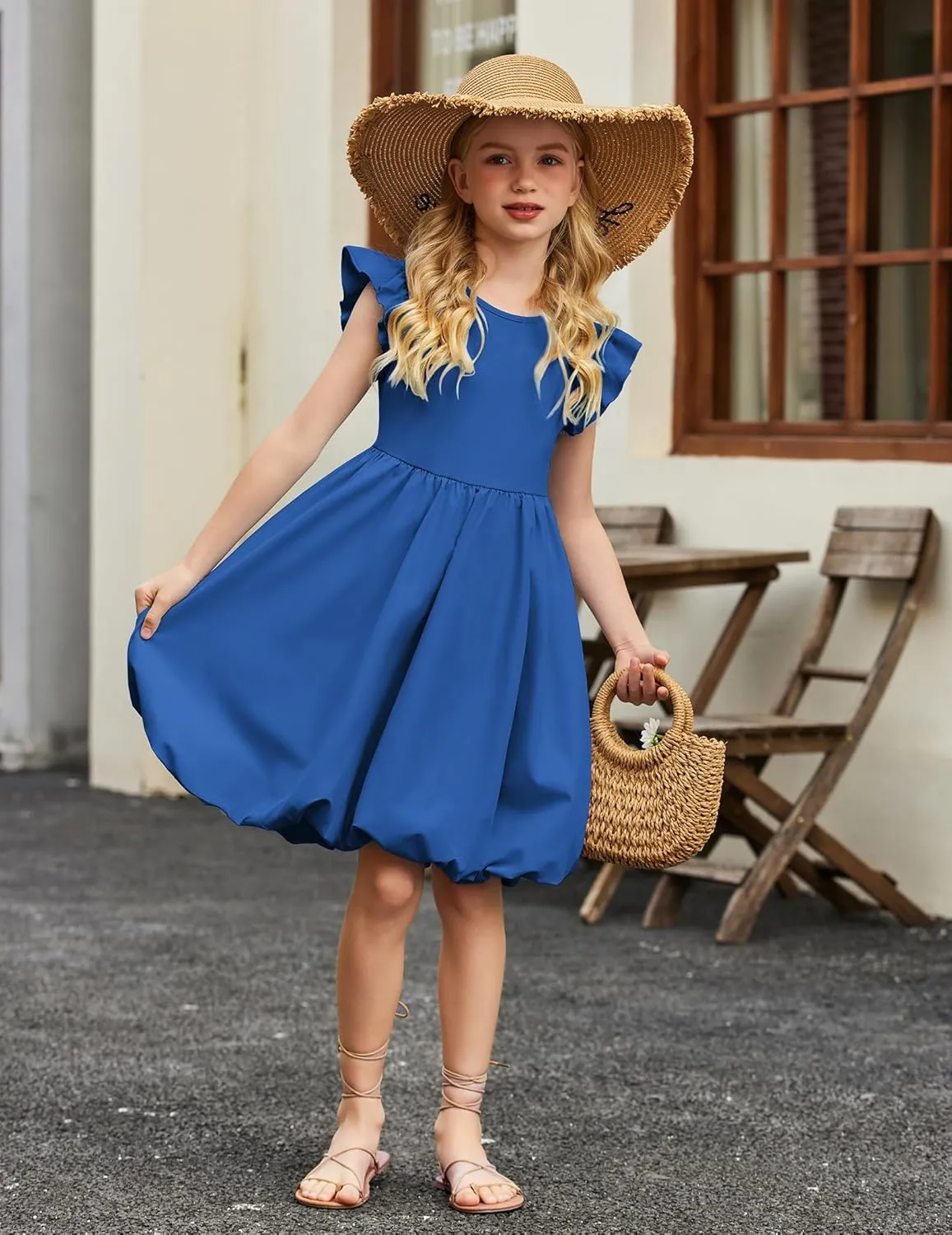 Arshiner Tween Girls Summer Bubble Dress Ruffle Sleeve Casual Party Midi Dresses