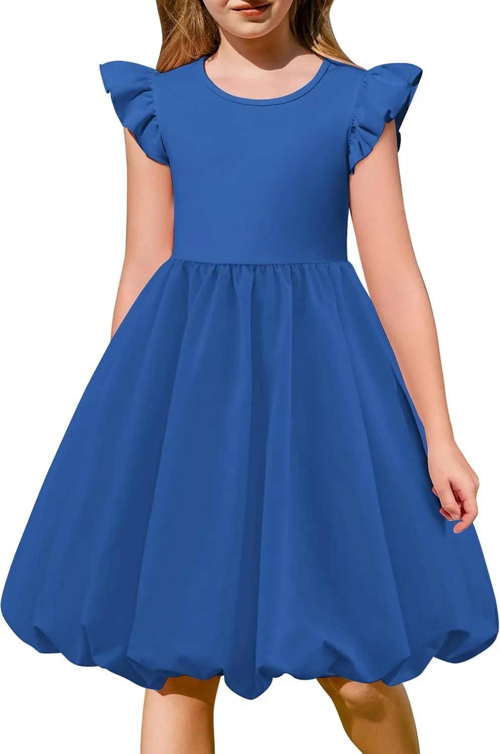 Arshiner Tween Girls Summer Bubble Dress Ruffle Sleeve Casual Party Midi Dresses
