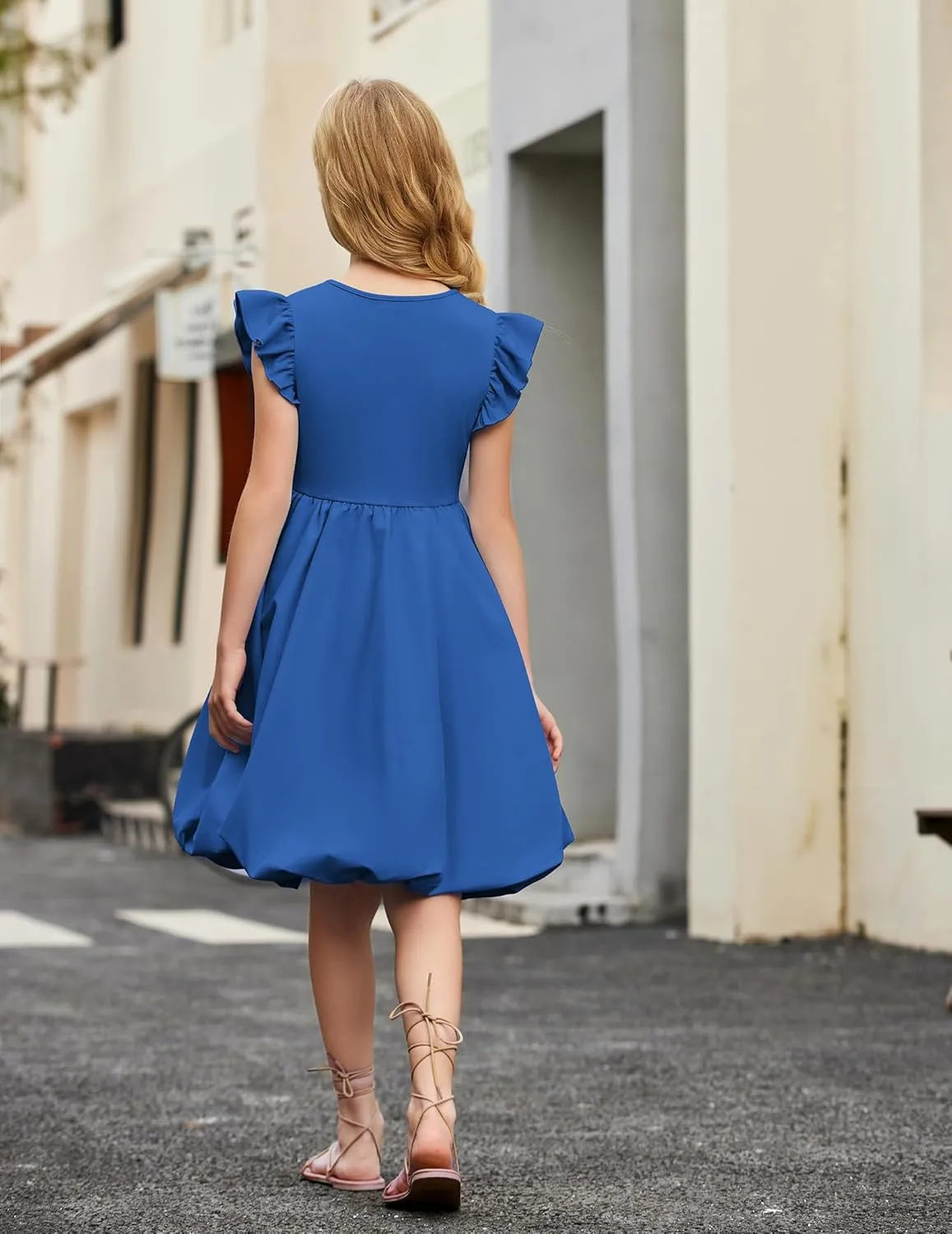 Arshiner Tween Girls Summer Bubble Dress Ruffle Sleeve Casual Party Midi Dresses
