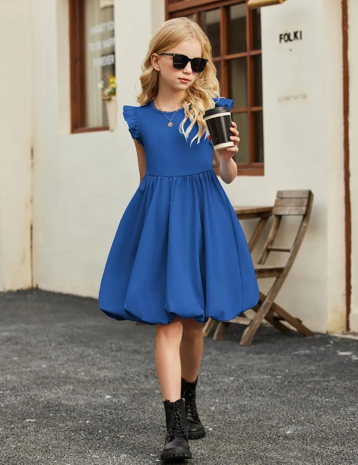 Arshiner Tween Girls Summer Bubble Dress Ruffle Sleeve Casual Party Midi Dresses