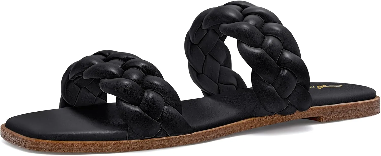 Athlefit Women's Square Open Toe Braided Sandals Slip On Low Block Heel Slide Sandals