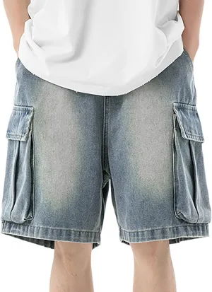Baggy Jean Shorts for Men Summer Casual Loose Fit Hip Hop Long Denim Shorts with Pockets