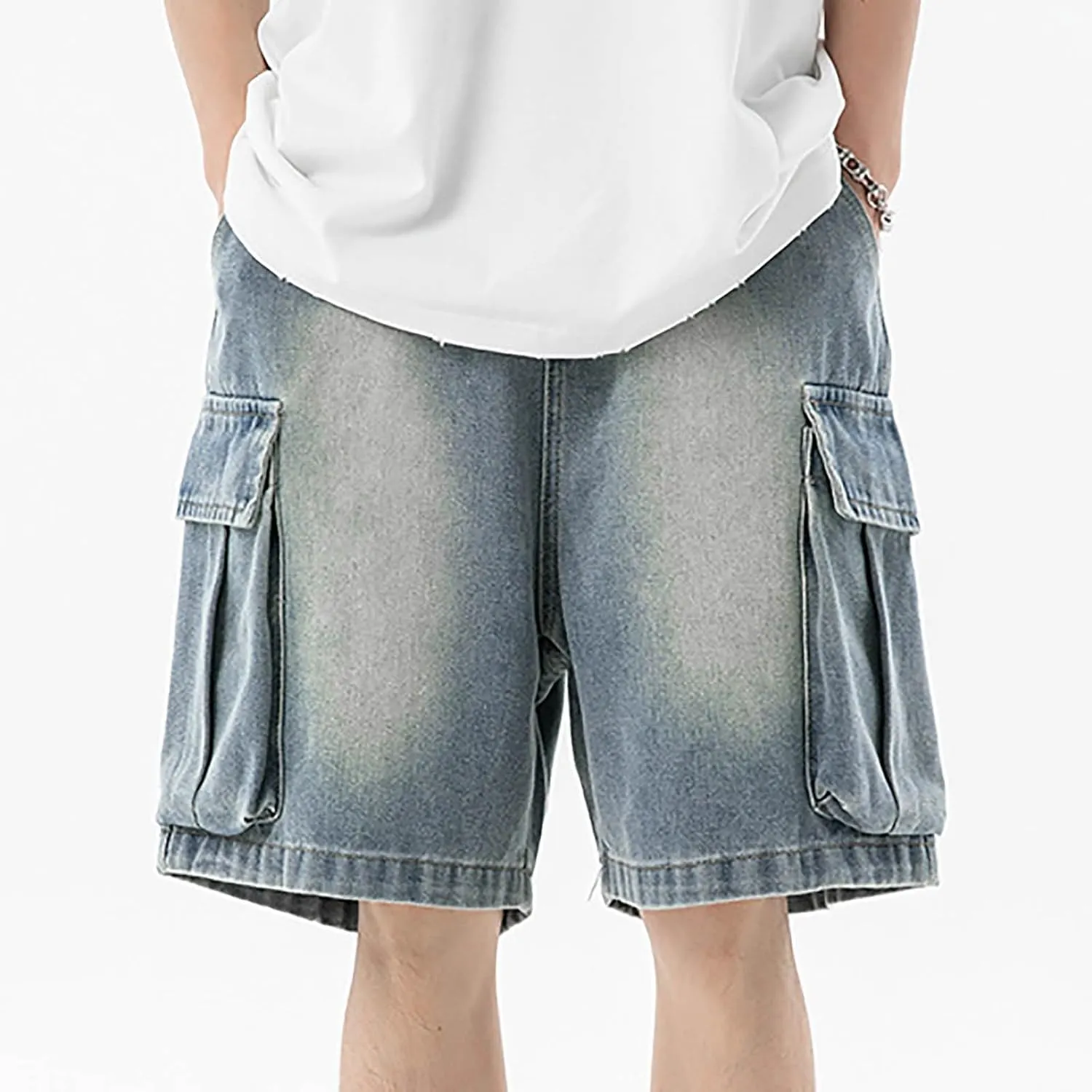 Baggy Jean Shorts for Men Summer Casual Loose Fit Hip Hop Long Denim Shorts with Pockets
