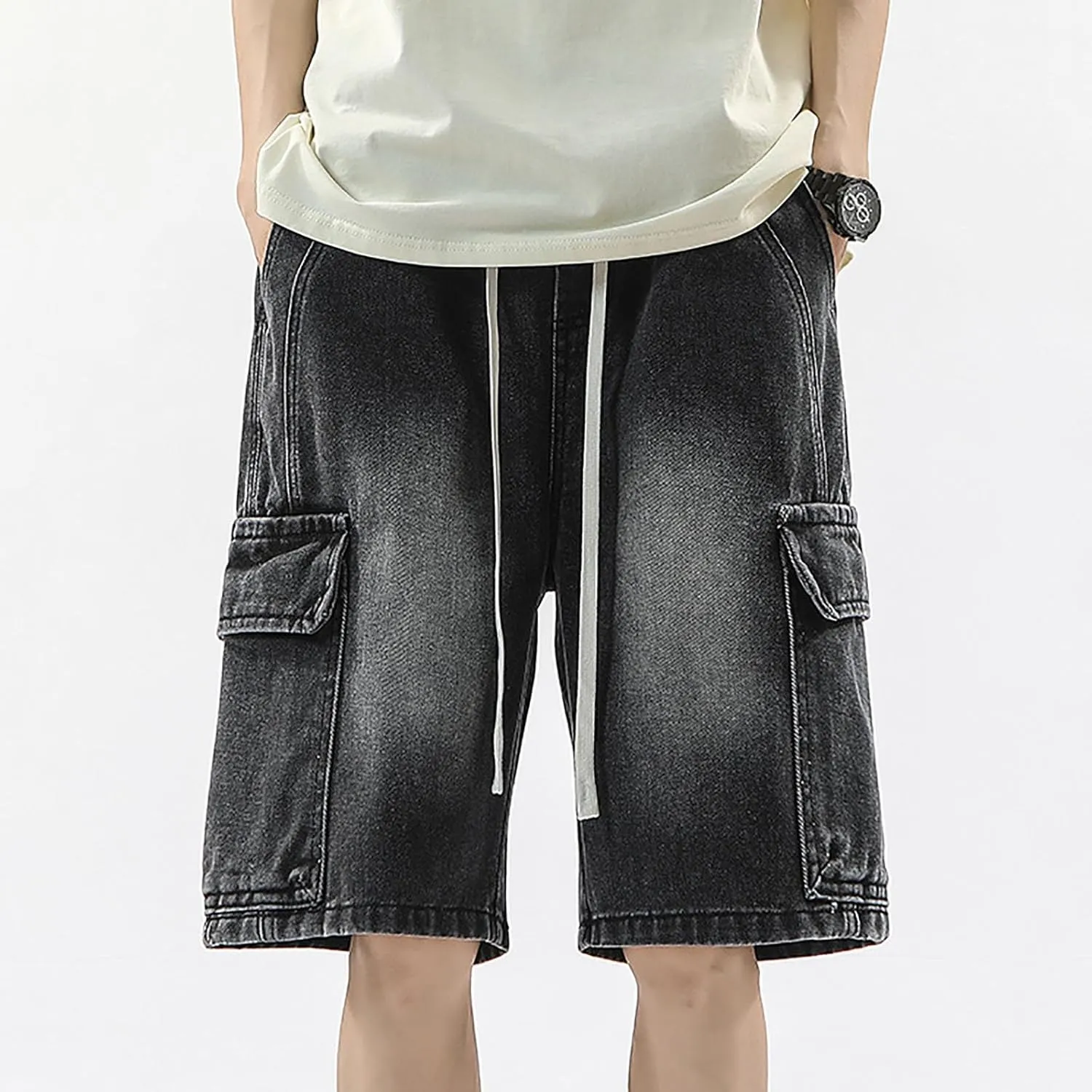 Baggy Jean Shorts for Men Summer Casual Loose Fit Y2K Hip Hop Skateboard Denim Shorts with Pockets