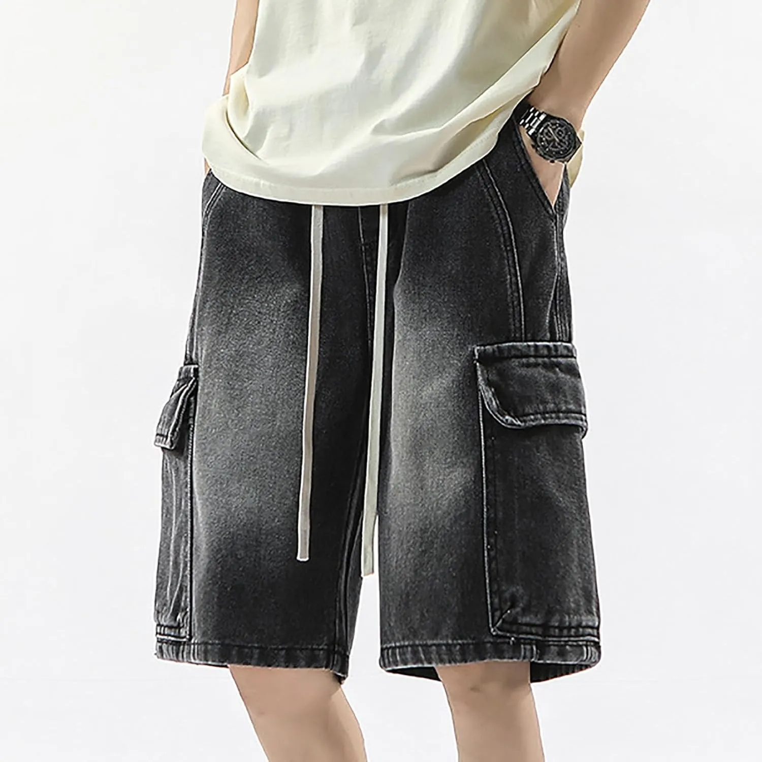 Baggy Jean Shorts for Men Summer Casual Loose Fit Y2K Hip Hop Skateboard Denim Shorts with Pockets