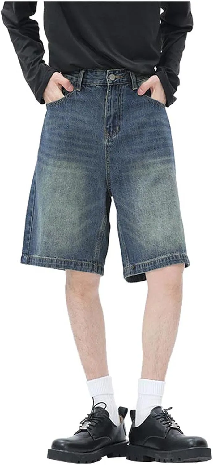 Baggy Jean Shorts for Men Summer Casual Loose Fit Y2K Hip Hop Skateboard Denim Shorts with Pockets