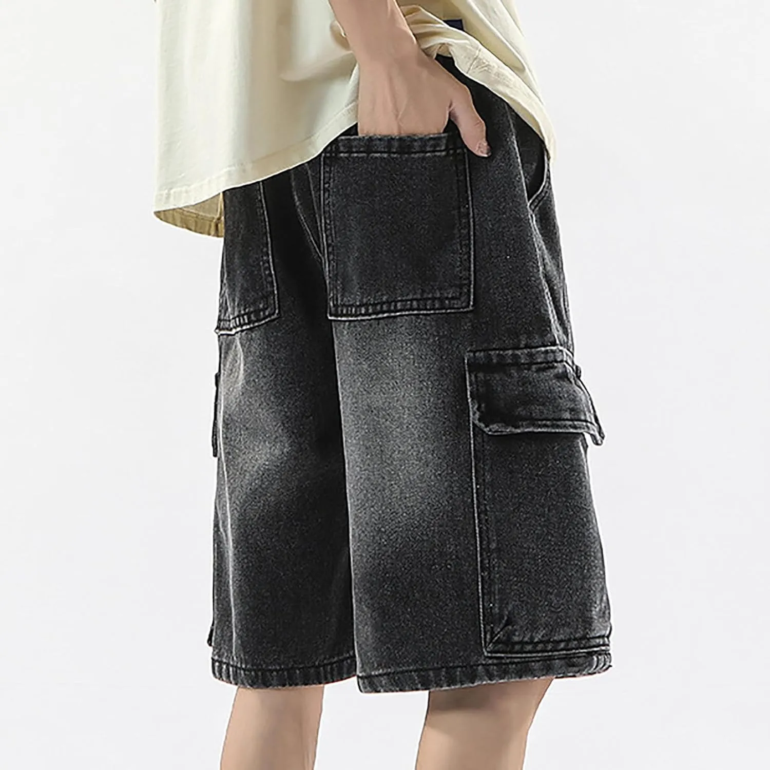 Baggy Jean Shorts for Men Summer Casual Loose Fit Y2K Hip Hop Skateboard Denim Shorts with Pockets