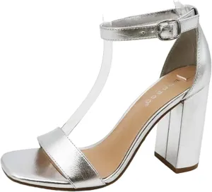 BAMBOO Women's Single Band Chunky Heel Sandal with Ankle Strap, Black White Stripe Fabric
