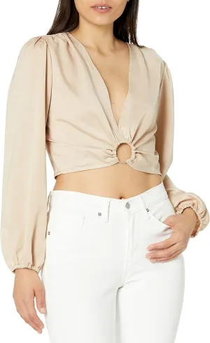 BCBGeneration Women's Fitted Crop Top Long Sleeve Shirring Deep V Neck Shirt