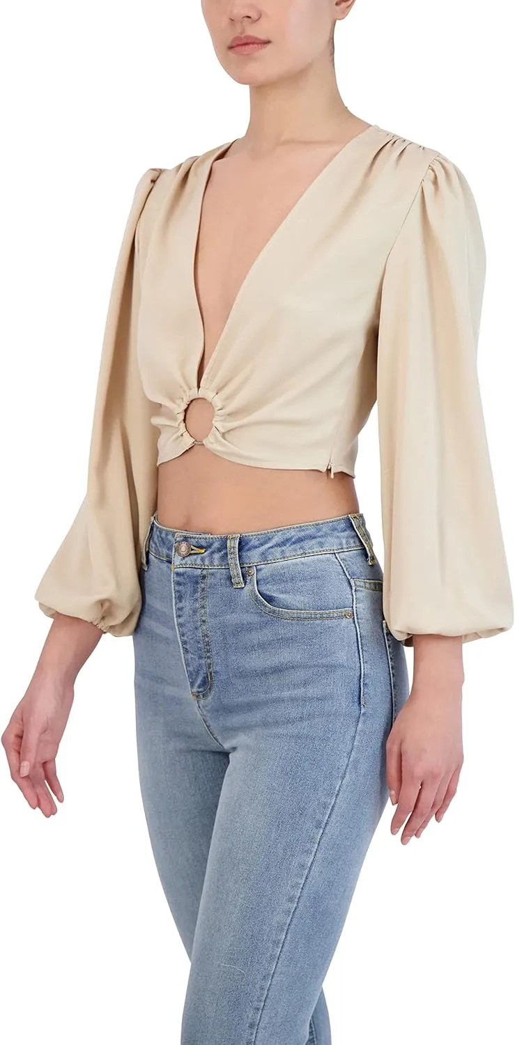 BCBGeneration Women's Fitted Crop Top Long Sleeve Shirring Deep V Neck Shirt
