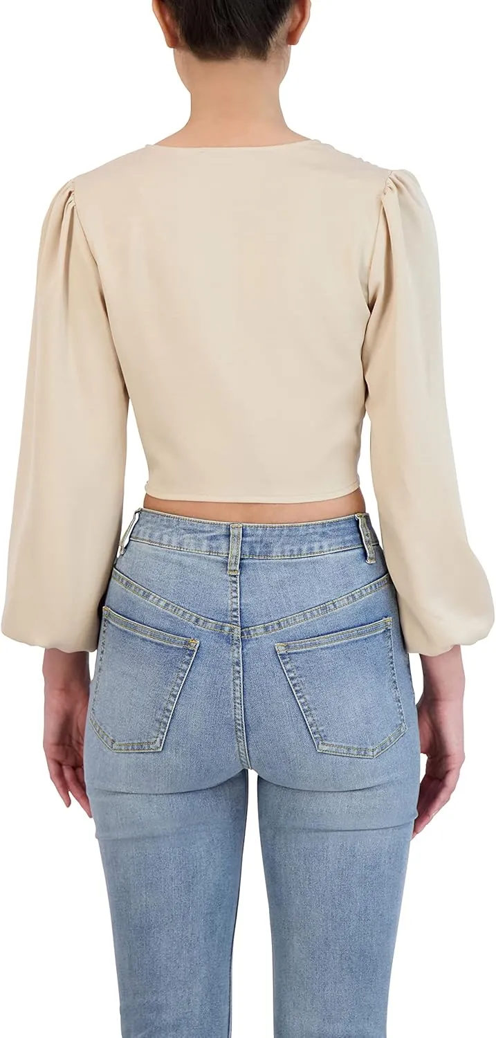 BCBGeneration Women's Fitted Crop Top Long Sleeve Shirring Deep V Neck Shirt