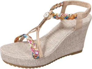 Beach Sandals for Woman High Heeled Elastic Ankle Strappy Shoes Open Toe Sandal Casual Dressy Workout Hiking Shoe