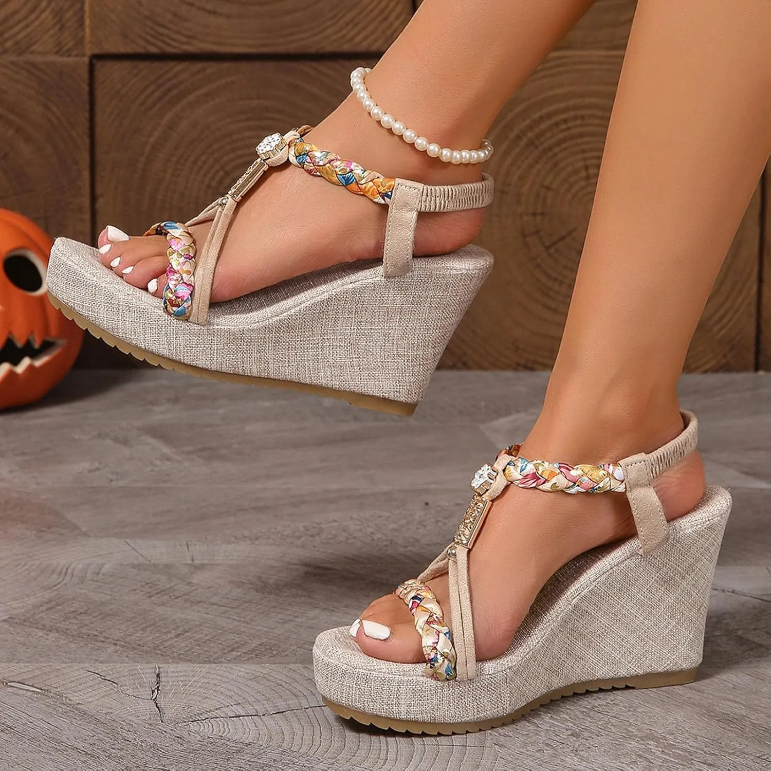 Beach Sandals for Woman High Heeled Elastic Ankle Strappy Shoes Open Toe Sandal Casual Dressy Workout Hiking Shoe