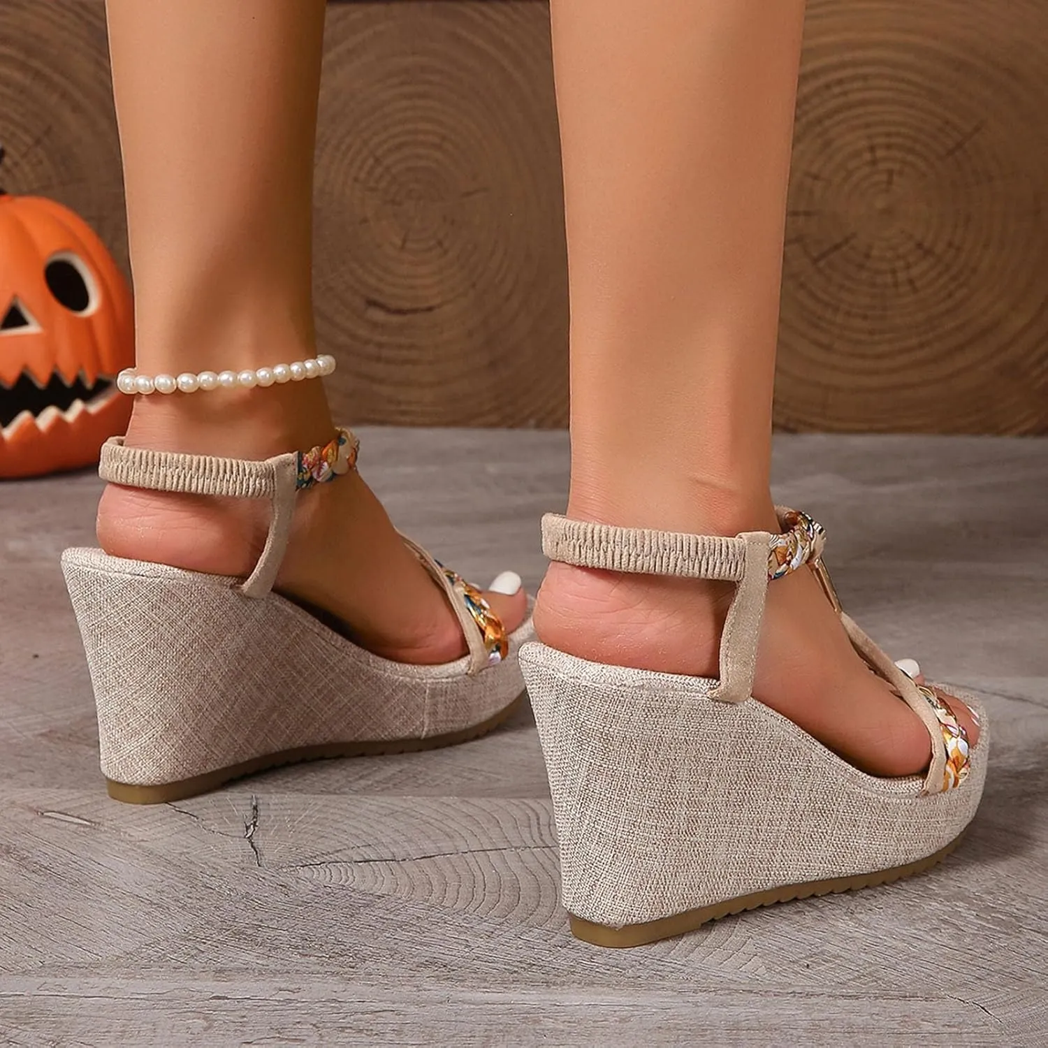 Beach Sandals for Woman High Heeled Elastic Ankle Strappy Shoes Open Toe Sandal Casual Dressy Workout Hiking Shoe