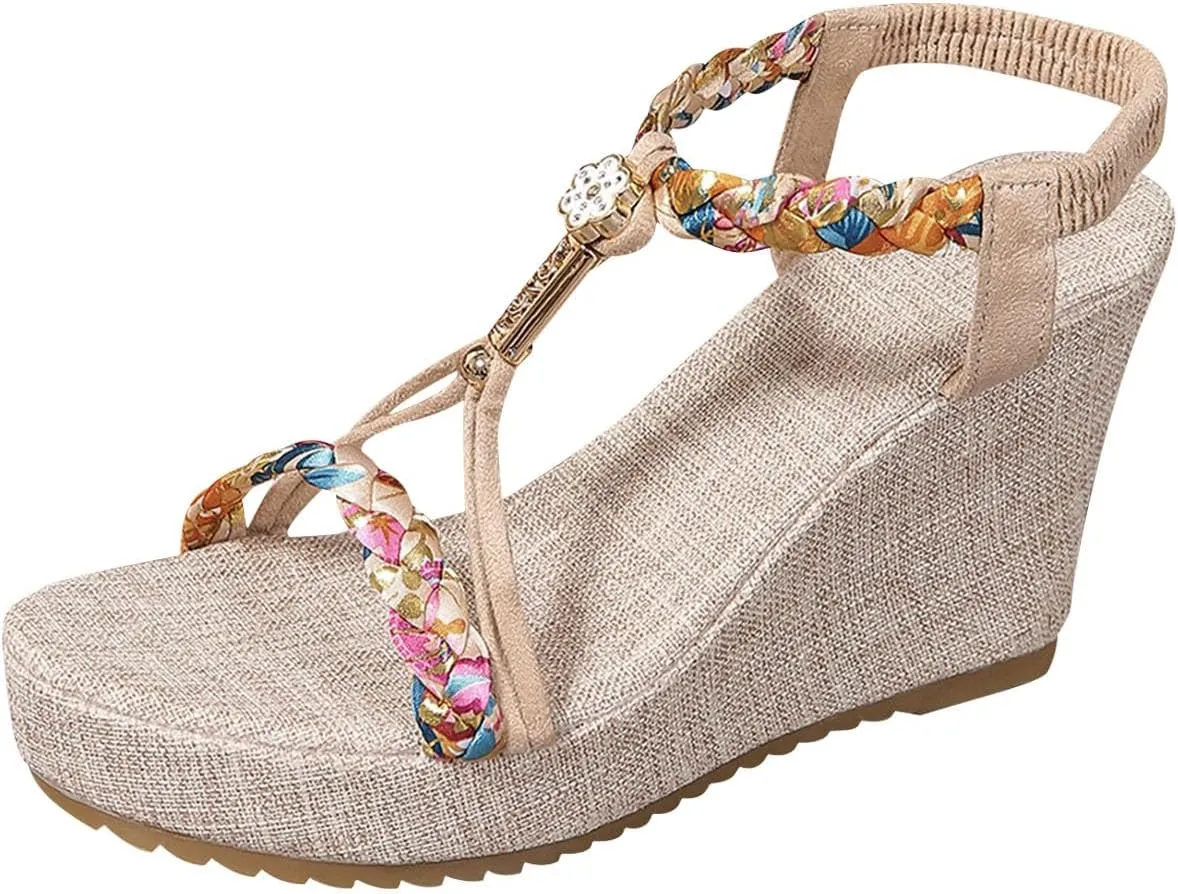 Beach Sandals for Woman High Heeled Elastic Ankle Strappy Shoes Open Toe Sandal Casual Dressy Workout Hiking Shoe