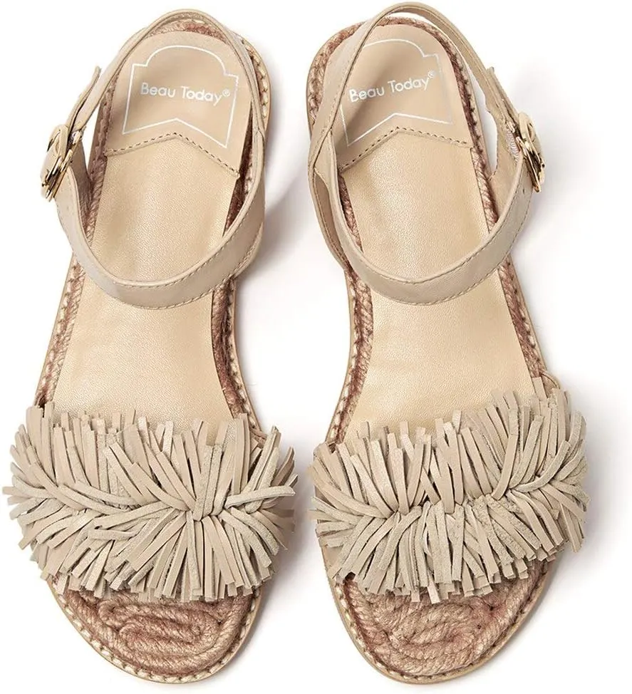 BEAU TODAY Flat Sandals for Women, Fashion Strappy Sandal Comfortable Arch Support Open Toe Beach Dressy Leather Summer Low Platform Sandals