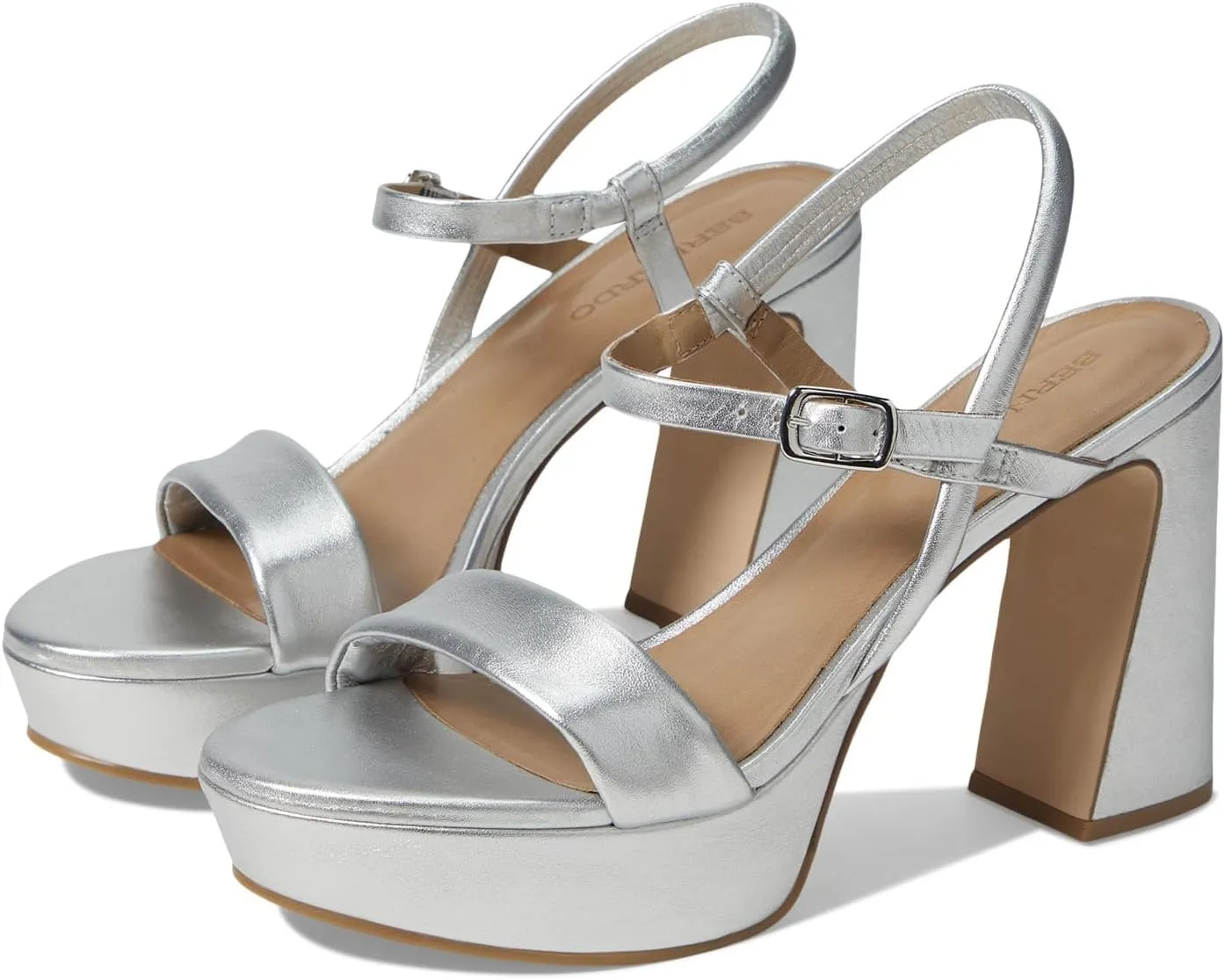 Bernardo® Ventura Heeled Sandals for Women – Leather Construction – Rubber Outsole – Ankle Buckle Closure Silver 11 M