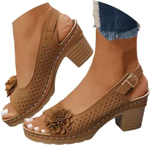 Block Heel Sandals for Women 2025 Open Toe Summer Casual Solid Color Hollow Out Floral Decor Sandals Hollow Out Slingback Chunky Block Heel Cut-Out Party Dress Wedding Dance Shoes