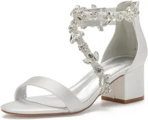 Block Heel Wedding Sandals for Bride Crystals Strappy Open Toe Formal Party Dress Sandal Heels 702-18