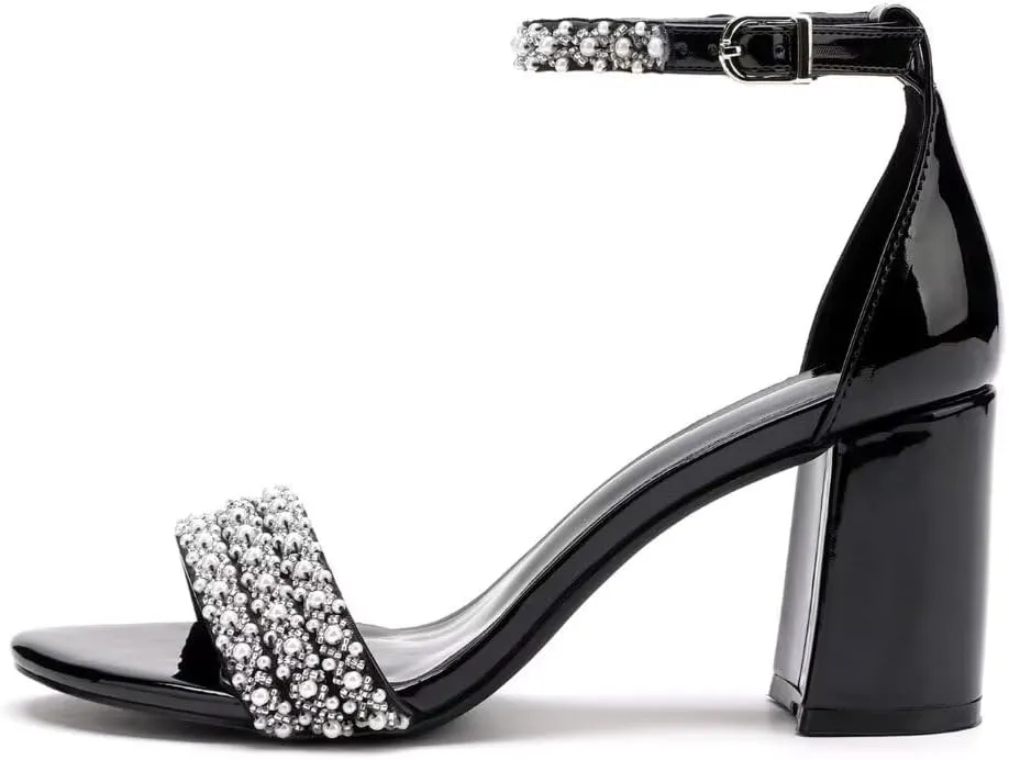 Block Heel Wedding Shoes for Bride Open Toe Pearl Bridal Shoes Wedding Heeled Sandals