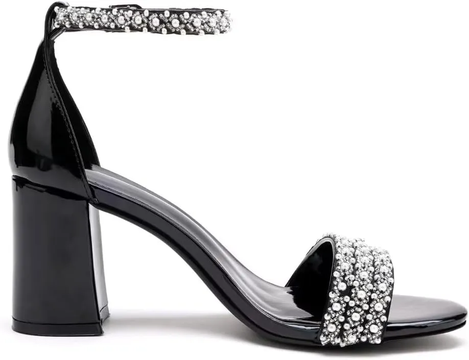 Block Heel Wedding Shoes for Bride Open Toe Pearl Bridal Shoes Wedding Heeled Sandals