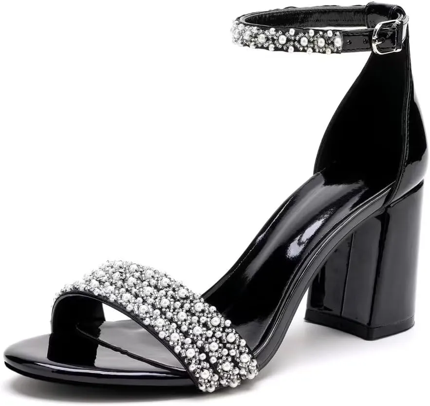 Block Heel Wedding Shoes for Bride Open Toe Pearl Bridal Shoes Wedding Heeled Sandals