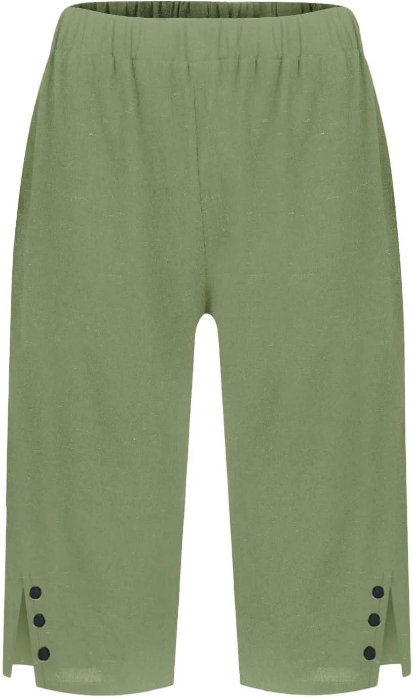Capri Pants for Women Knee Length Linen Bermuda Shorts Summer Casual Straight Leg Loose Comfy Beach Short Trousers