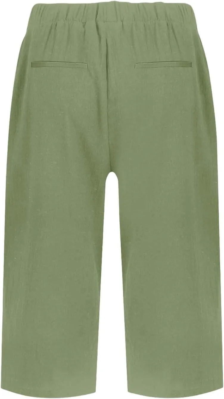 Capri Pants for Women Knee Length Linen Bermuda Shorts Summer Casual Straight Leg Loose Comfy Beach Short Trousers