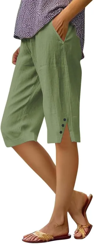 Capri Pants for Women Knee Length Linen Bermuda Shorts Summer Casual Straight Leg Loose Comfy Beach Short Trousers
