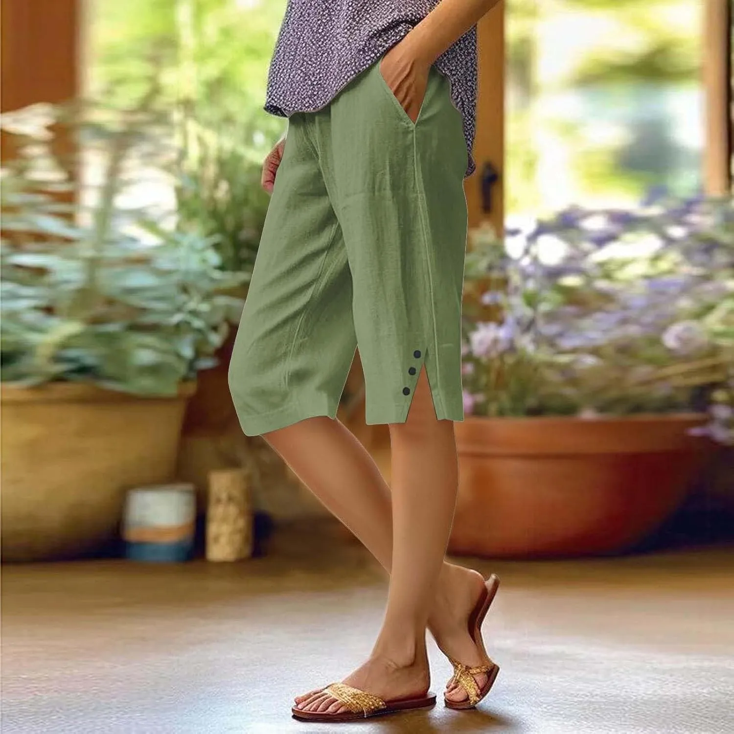 Capri Pants for Women Knee Length Linen Bermuda Shorts Summer Casual Straight Leg Loose Comfy Beach Short Trousers