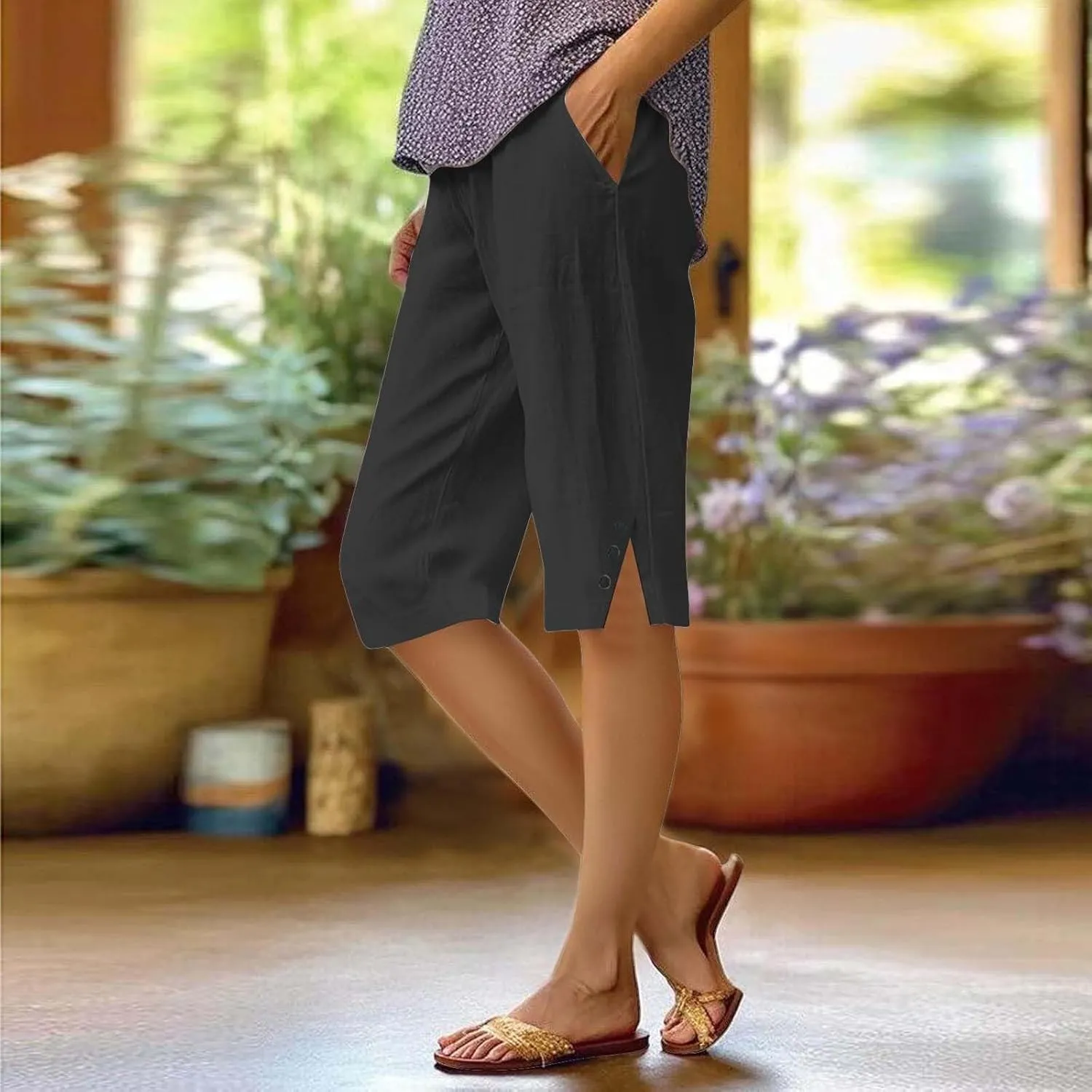 Capri Pants for Women Knee Length Linen Bermuda Shorts Summer Casual Straight Leg Loose Comfy Beach Short Trousers