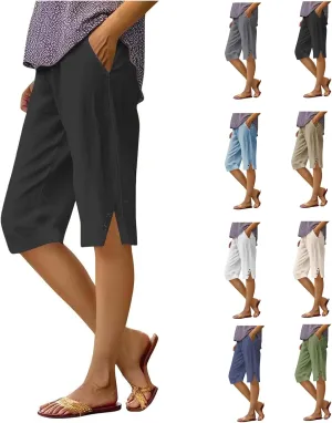 Capri Pants for Women Knee Length Linen Bermuda Shorts Summer Casual Straight Leg Loose Comfy Beach Short Trousers