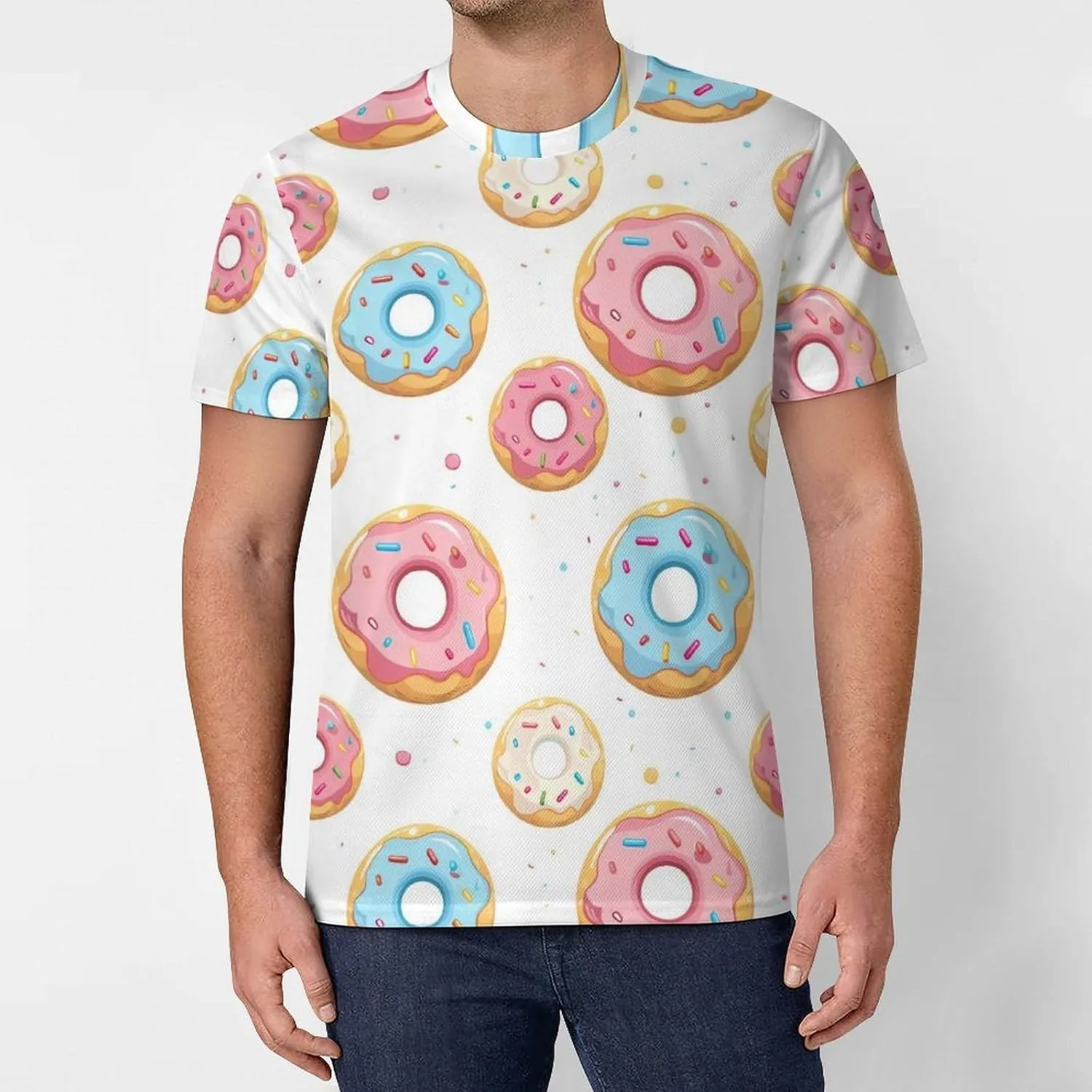 Cartoon Donuts with Sprinkle Men's T-Shirt Short Sleeve T-Shirts Casual Tops Ice Silk Tees