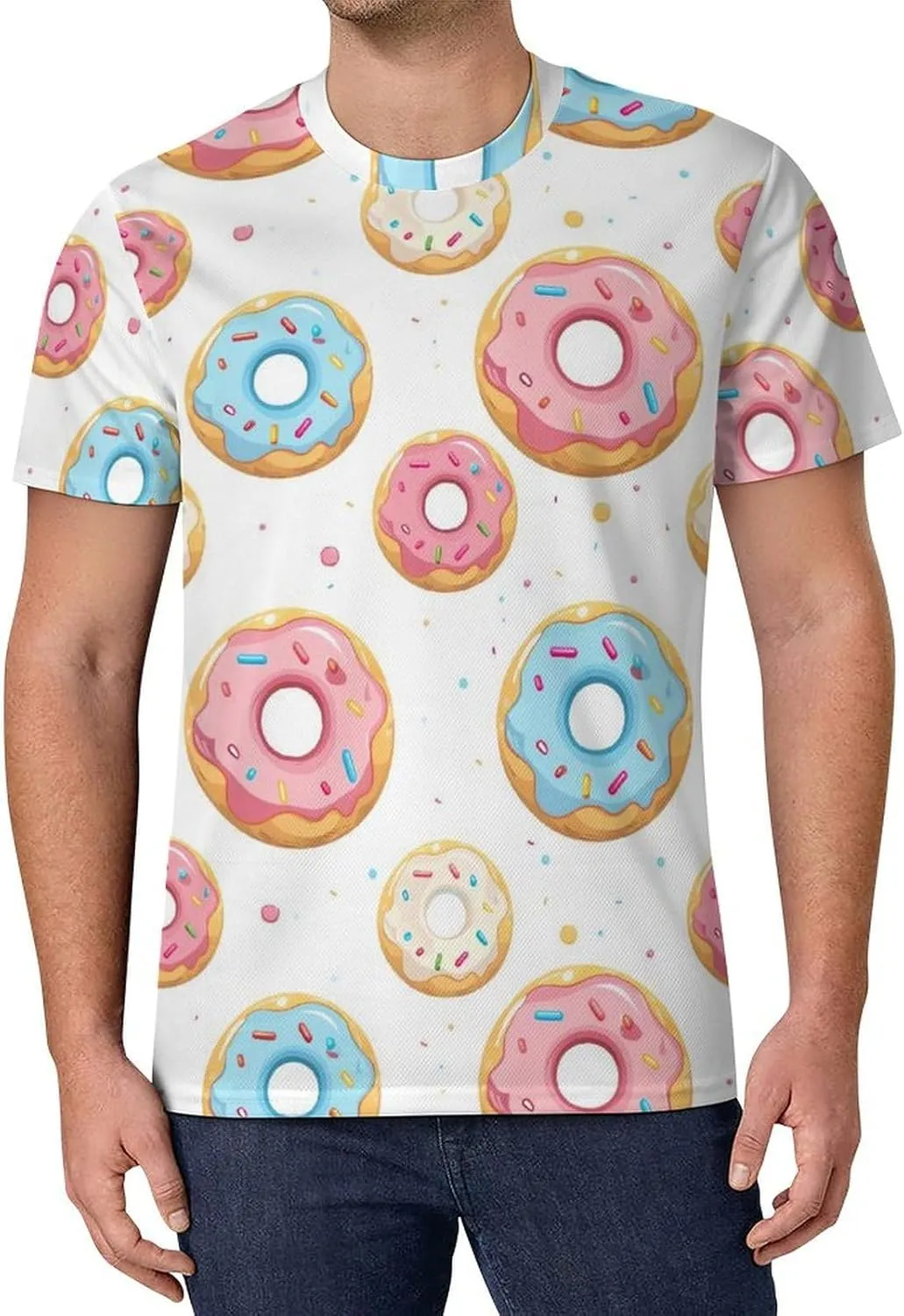 Cartoon Donuts with Sprinkle Men's T-Shirt Short Sleeve T-Shirts Casual Tops Ice Silk Tees