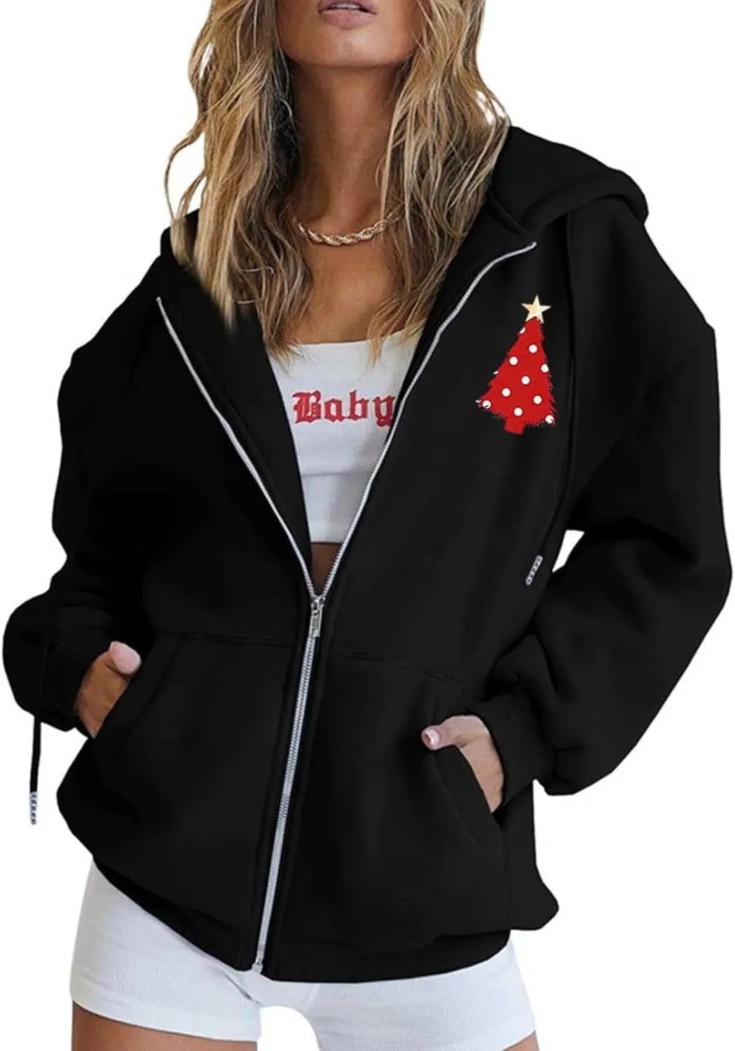 Christmas Hoodies for Women Xmas Tree Graphic Zipper Long Sleeve Pullover Coat Casual 2024 Trendy Clothes with Pocket