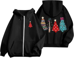 Christmas Hoodies for Women Xmas Tree Graphic Zipper Long Sleeve Pullover Coat Casual 2024 Trendy Clothes with Pocket
